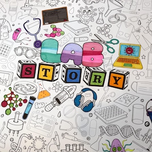 May include: A colorful illustration with the words "LAB STORY" in large, block letters. The background is filled with line drawings of lab equipment, medical tools, and microorganisms. The letters are in shades of blue, purple, and pink.