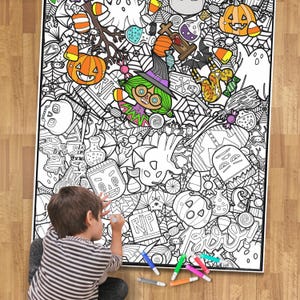 May include: A large colouring page featuring a Halloween theme with a variety of spooky and fun characters and objects. The page is black and white and ready to be coloured in.