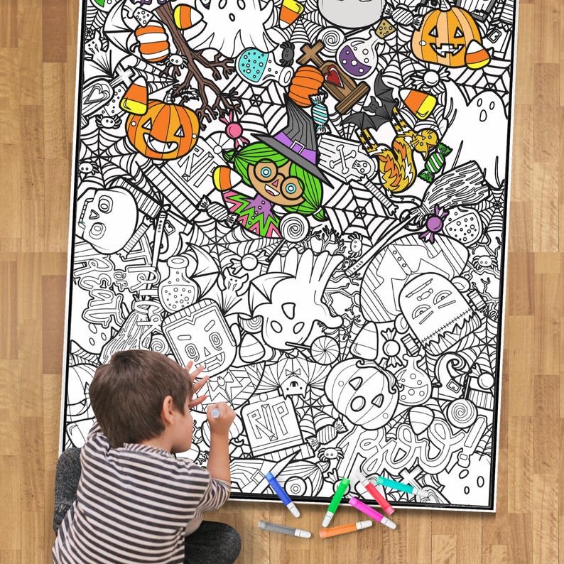 May include: A large colouring page featuring a Halloween theme with a variety of spooky and fun characters and objects. The page is black and white and ready to be coloured in.