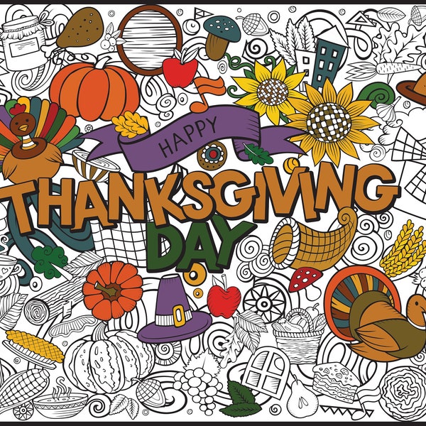 Give Thanks Coloring Table Runner, Giant Coloring Sheet, Thanksgiving Coloring page, Friendsgiving party activity, Thanksgiving gift kids