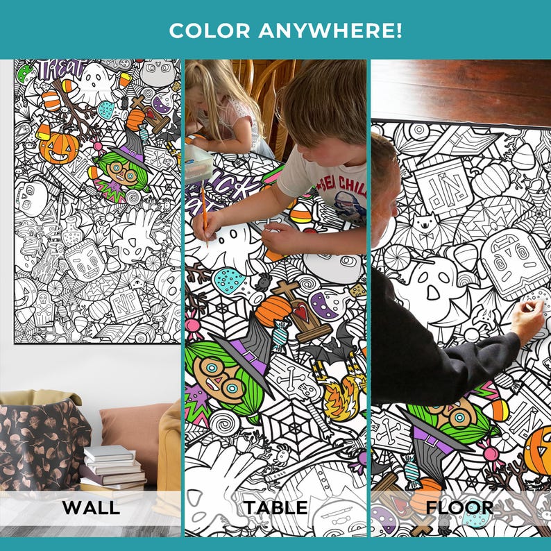 May include: A large colouring sheet with a Halloween theme. The sheet is black and white and features a variety of spooky characters and objects, including ghosts, pumpkins, bats, and spiders. The sheet is designed to be coloured in by children or adults. The text "COLOR ANYWHERE!" is at the top of the sheet. The sheet is shown being coloured in on a wall, table, and floor.