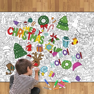 May include: A large coloring page featuring a Christmas theme with a variety of festive illustrations, including a reindeer, a Christmas tree, presents, candy canes, and the words "Merry Christmas" and "Ho Ho Ho". A child is coloring the page with markers.