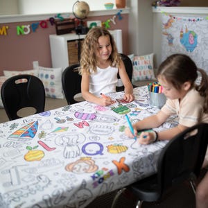 WASHABLE Coloring Tablecloth PRESCHOOL Fabric Reusable Coloring Table cloth Fun for Kids and Adults  2 Rectangle Table Sizes
