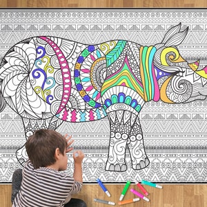 Rhino Animal Coloring Poster Giant Coloring Sheet Rhino Coloring Safari Poster Adult Rhino gift for Kids Safari Birthday Party Activity