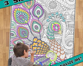 HUGE Coloring Poster–PEACOCK--Coloring Activity for Groups, Individuals, Kids, Adults--3 Sizes--on Art-Quality Keepsake Paper!