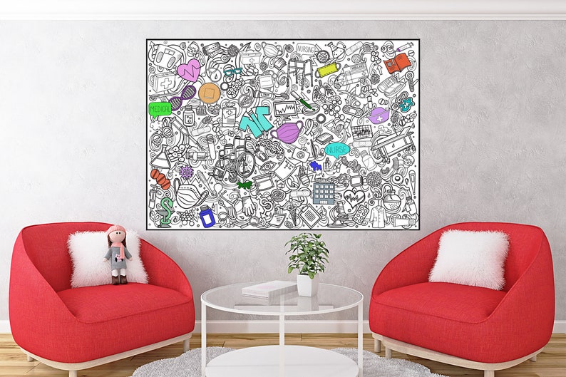 May include: A white wall with a large black and white doodle art print featuring various symbols and objects. The print is surrounded by two red armchairs with white pillows and a glass coffee table with a book on top. A small doll is sitting on one of the armchairs.