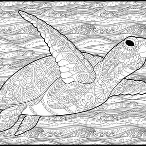 May include: A black and white line drawing of a sea turtle swimming in the ocean. The turtle is detailed with intricate patterns and surrounded by waves and fish.