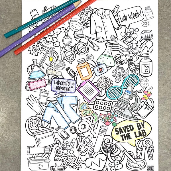 Lab Week 2024 Coloring page | Medical coloring page | Hospital coloring page | Saved by the Lab | Bio Tech | Laboratory Fun | co-labrats