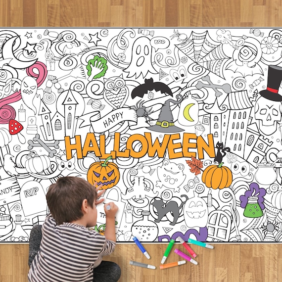 Halloween Coloring Sheet Wall Art Print Halloween Coloring Page  Decorate Halloween Party Game Halloween Decor Halloween Poster Cute Witch