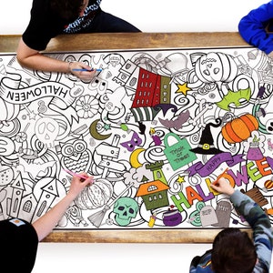 Classic Halloween Coloring Page, Jumbo Size for Classroom or Party, Spooky Witch & Pumpkin Design, Table Cloth Craft, Unique Gift