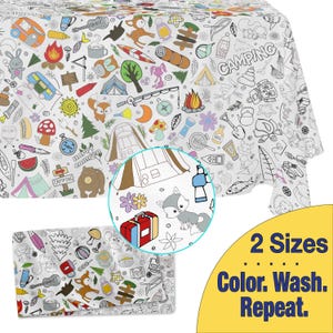 WASHABLE Coloring Tablecloth–CAMPING--Fabric Tablecloth for Reusable Coloring Fun for Kids and Adults.  2 Sizes