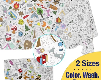 WASHABLE Coloring Tablecloth–CAMPING--Fabric Tablecloth for Reusable Coloring Fun for Kids and Adults.  2 Sizes