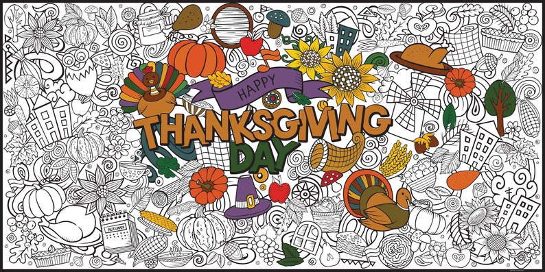 Printable Give Thanks Coloring Table Runner Digital Thanksgiving Coloring Page, Giant Coloring ...