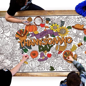 Give Thanks Coloring Table Runner, Giant Coloring Sheet, Thanksgiving Coloring page, Friendsgiving party activity, Thanksgiving gift kids