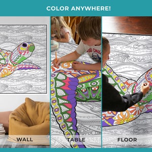 May include: A large coloring page featuring a detailed illustration of a sea turtle swimming in the ocean. The page is designed to be colored in with markers, crayons, or colored pencils. The image shows people coloring the page on a wall, table, and floor.