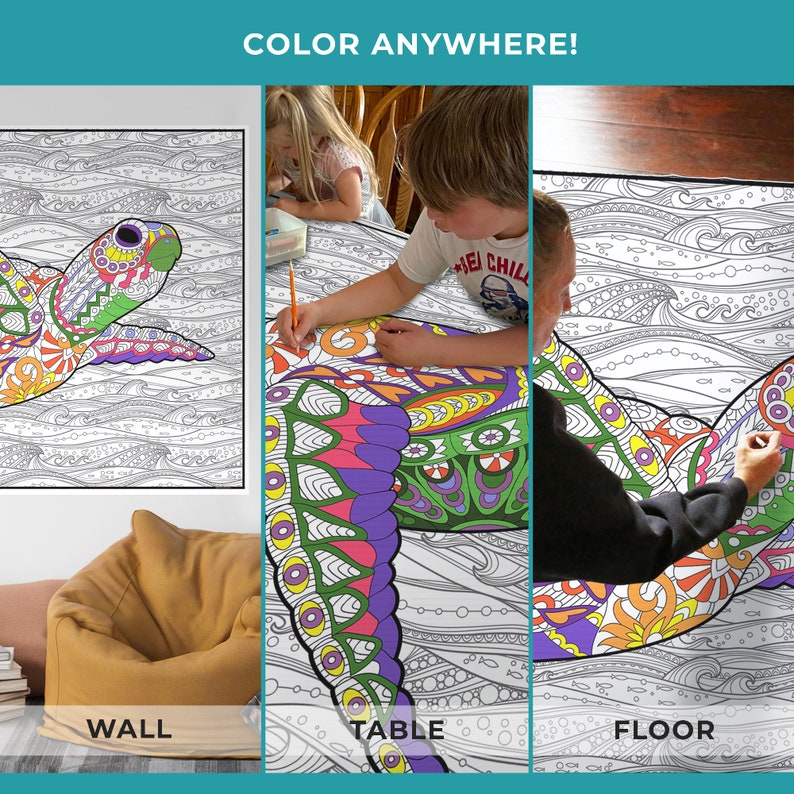 May include: A large coloring page featuring a detailed illustration of a sea turtle swimming in the ocean. The page is designed to be colored in with markers, crayons, or colored pencils. The image shows people coloring the page on a wall, table, and floor.