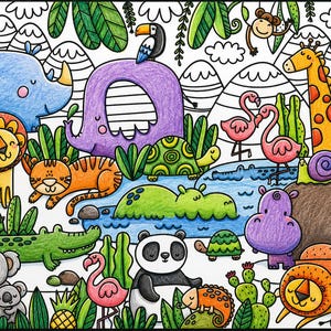 Pu&ograve; includere: Un'illustrazione da colorare a tema giungla che raffigura un rinoceronte blu, un elefante viola, un leone giallo, una tigre arancione, un coccodrillo verde, un panda, una giraffa, fenicotteri rosa, una tartaruga e un ippopotamo tra piante tropicali.