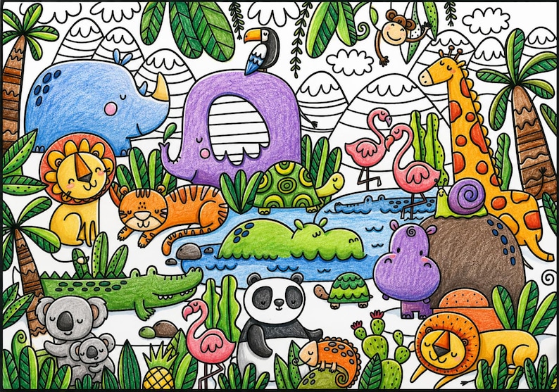 Pu&ograve; includere: Un'illustrazione da colorare a tema giungla che raffigura un rinoceronte blu, un elefante viola, un leone giallo, una tigre arancione, un coccodrillo verde, un panda, una giraffa, fenicotteri rosa, una tartaruga e un ippopotamo tra piante tropicali.