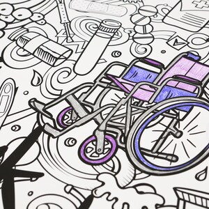May include: A black and white coloring page featuring a wheelchair with purple and blue accents. The wheelchair is surrounded by various medical symbols and objects, including pills, bandages, and a thermometer.