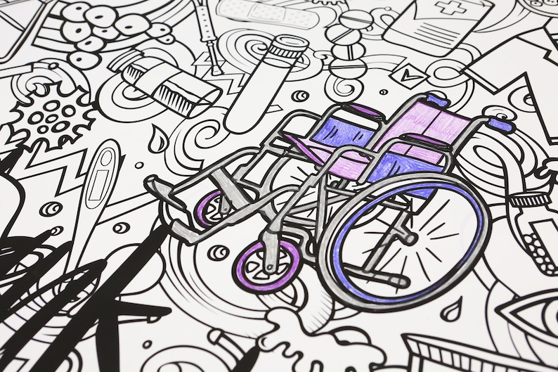 May include: A black and white coloring page featuring a wheelchair with purple and blue accents. The wheelchair is surrounded by various medical symbols and objects, including pills, bandages, and a thermometer.