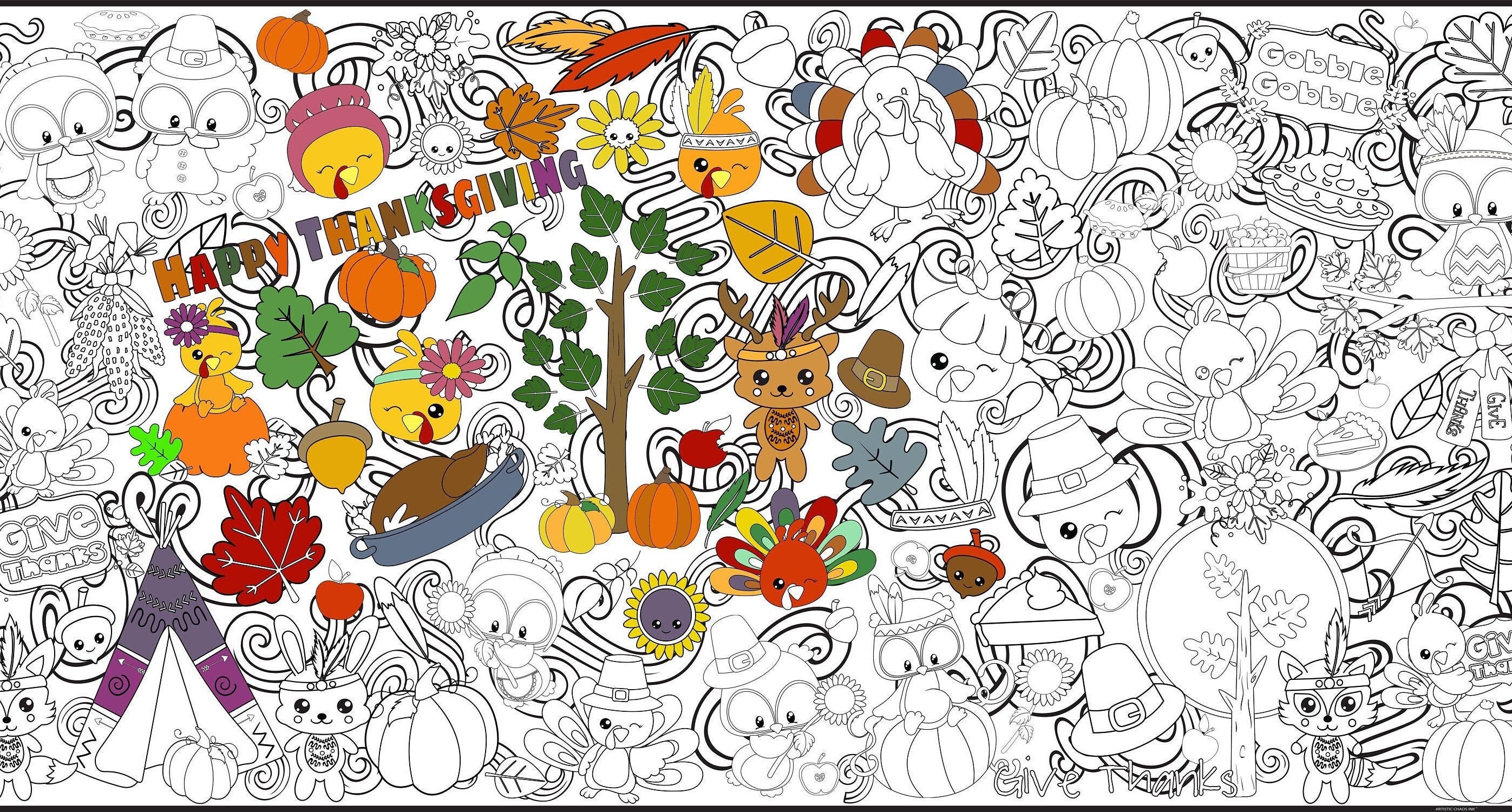 Thankful Critters Coloring Table Runner, Giant Coloring Sheet