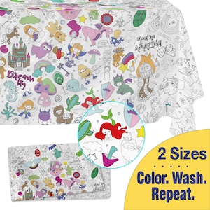 WASHABLE Coloring Tablecloth–FANTASY--Fabric Tablecloth for Reusable Coloring Fun for Kids and Adults.  2 Sizes.