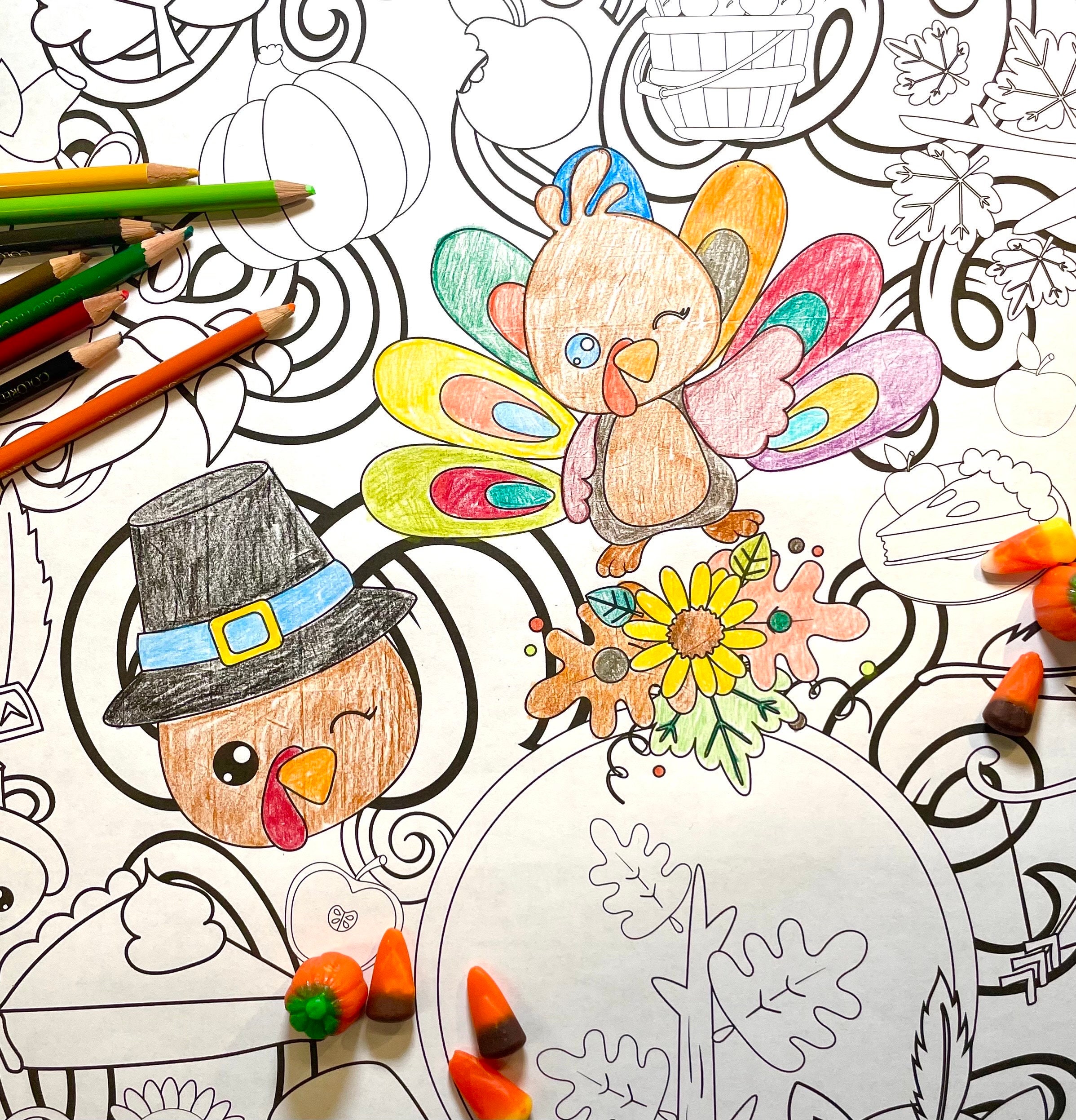 Thankful Critters Coloring Table Runner, Giant Coloring Sheet