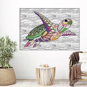 May include: A colorful, patterned turtle swimming in a black and white ocean wave design. The turtle has green, purple, orange, yellow, and red details.