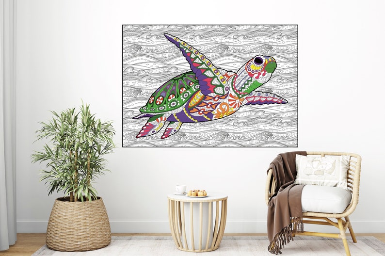 May include: A colorful, patterned turtle swimming in a black and white ocean wave design. The turtle has green, purple, orange, yellow, and red details.