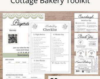 Può includere: Una raccolta di design modificabili per una panetteria, tra cui liste di controllo, fogli di inventario e biglietti di ringraziamento. I design presentano un'estetica minimalista con accenti floreali e il testo "Cottage Bakery Toolkit". I design sono personalizzabili in Canva.