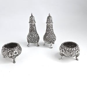 Sterling Silver Repousse Shakers and Salt Cellars by James Armiger 1892 Palm