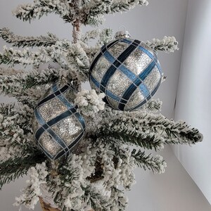 Pair Blue and Silver Glass Ornaments, Christmas Decoration, Christmas Tree Ornaments