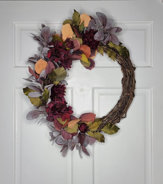 Burgundy Lambs Ear Hydrangeas Dahlia Fall Leaves Door Etsy
