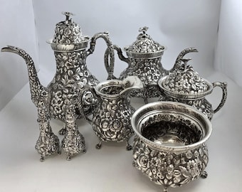 Baltimore Rose Repoussé Sterling Silver Tea & Coffee Set + Salt Pepper 110.68 to