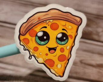 May include: A pizza slice sticker with a cartoon design. The pizza has a smiling face with large green eyes, orange pepperoni, and melted cheese. The crust is a light brown color, and the sticker has a white border.