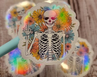Skeleton Peace Wildflower Sticker, Skeleton Sticker, Wildflower Sticker, Cute Sticker, Holographic Sticker
