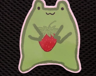Cottagecore Frog with Strawberry Laptop Decal Sticker