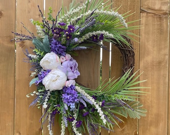 Spring Wreath for Front Door, Everyday Door Decor, Housewarming Gift, Purple and White Wreath for Front Door, Peony and Lilac Wreath.