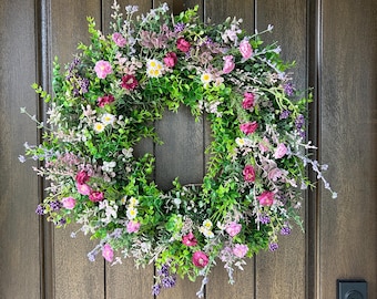 Spring and Summer Wreath for Front Door. Pink, purple and Green Front Door Decor.