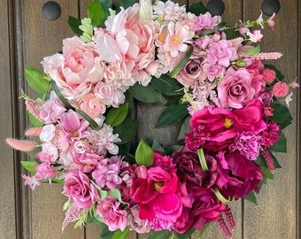 Spring Wreath, Summer Wreath for Front Door, Mothers Day Gift, Light Pink, Dark Pink Peony Wreath, Country Farmhouse, Floral Wreath