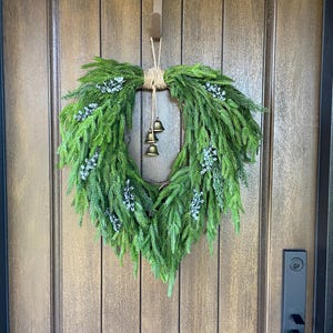 Norfolk Pine Christmas Wreath for Front Door With Bells, Minimalist
