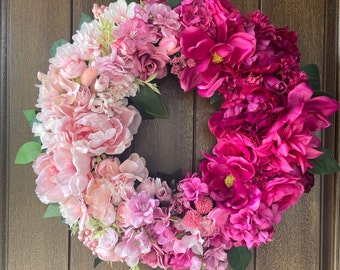 Couronne de printemps, couronne d'été pour porte d'entrée, cadeau de fête des mères, couronne de pivoines rose clair, rose foncé, ferme de campagne, couronne de fleurs