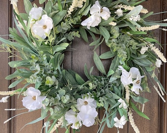 Spring and Summer Wreath, Everyday Door Decor, Year Round Wreath, White and Green Wreath, Mother's Day Gift, Country Farmhouse,