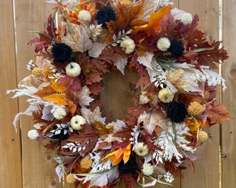 Fall Wreath for Front Door, Autumn Door Decor, White, Cream and Blue Wreath, Boho Wreath, Thanksgiving Wreath