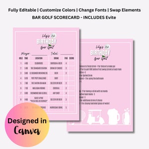 Tarjeta de puntuación para el Bar Golf Crawl / Plantillas de Canva editables / Bar Golf imprimible / Juegos para despedidas de soltero / cumpleaños / Plantilla rosa personalizable