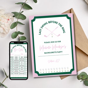 Modèle d'invitation et carte de pointage d'enterrement de vie de jeune fille de garçon de golf personnalisé bar, EVJF pour amateurs de golf
