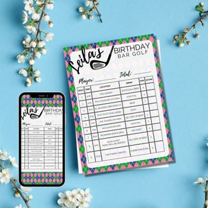 Tarjeta de puntuación de rastreo de golf de bar / Plantillas Canva editables / Golf de barra imprimible / Solteros / Juegos de fiesta de cumpleaños / Plantilla rosa personalizable