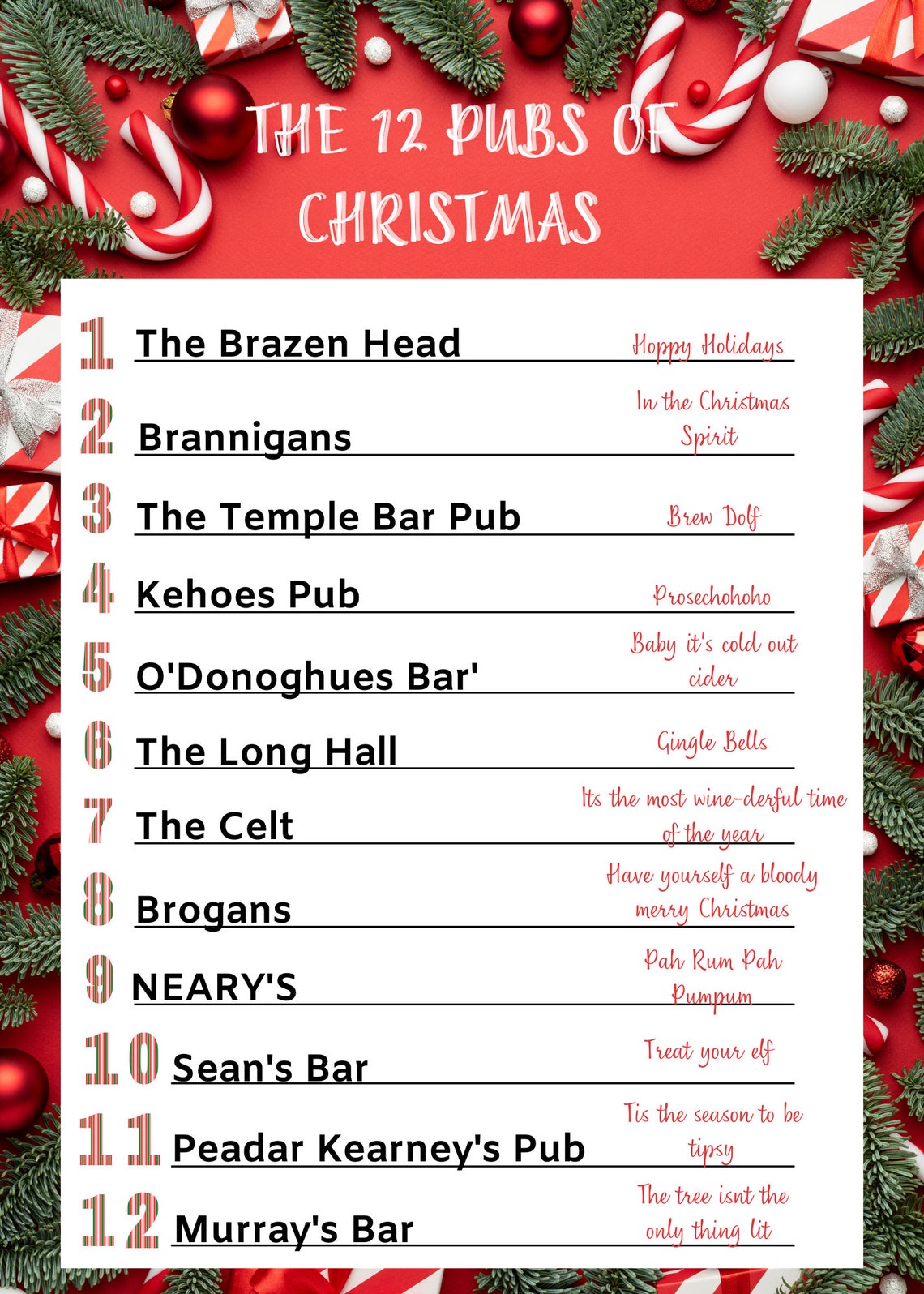 The 12 Pubs Christmas Party Pub Crawl List, 12 Bars of Christmas Party Badge, Christmas Pub