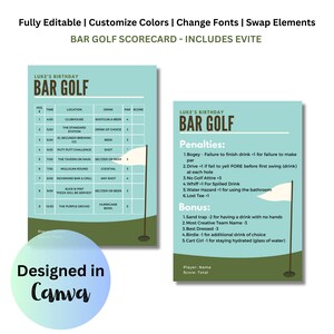 Tarjeta de puntuación de rastreo de golf de bar / Plantillas Canva editables / Golf de barra imprimible / Solteros / Juegos de fiesta de cumpleaños / Plantilla azul personalizable