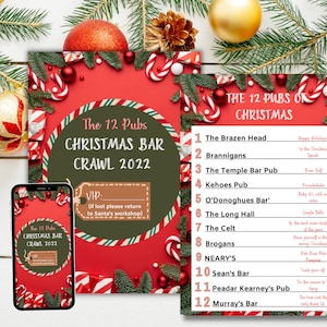 The 12 Pubs Christmas Party Pub Crawl List, 12 Bars of Christmas Party Badge, Christmas Pub Crawl, Bar Crawl Badge, Editable Template